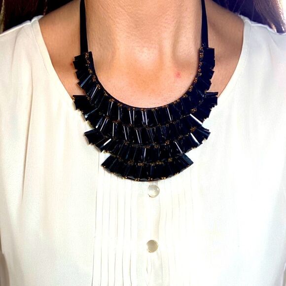 Geometric Black Crystal Statement Collar Bib Necklace - Picture 1 of 8